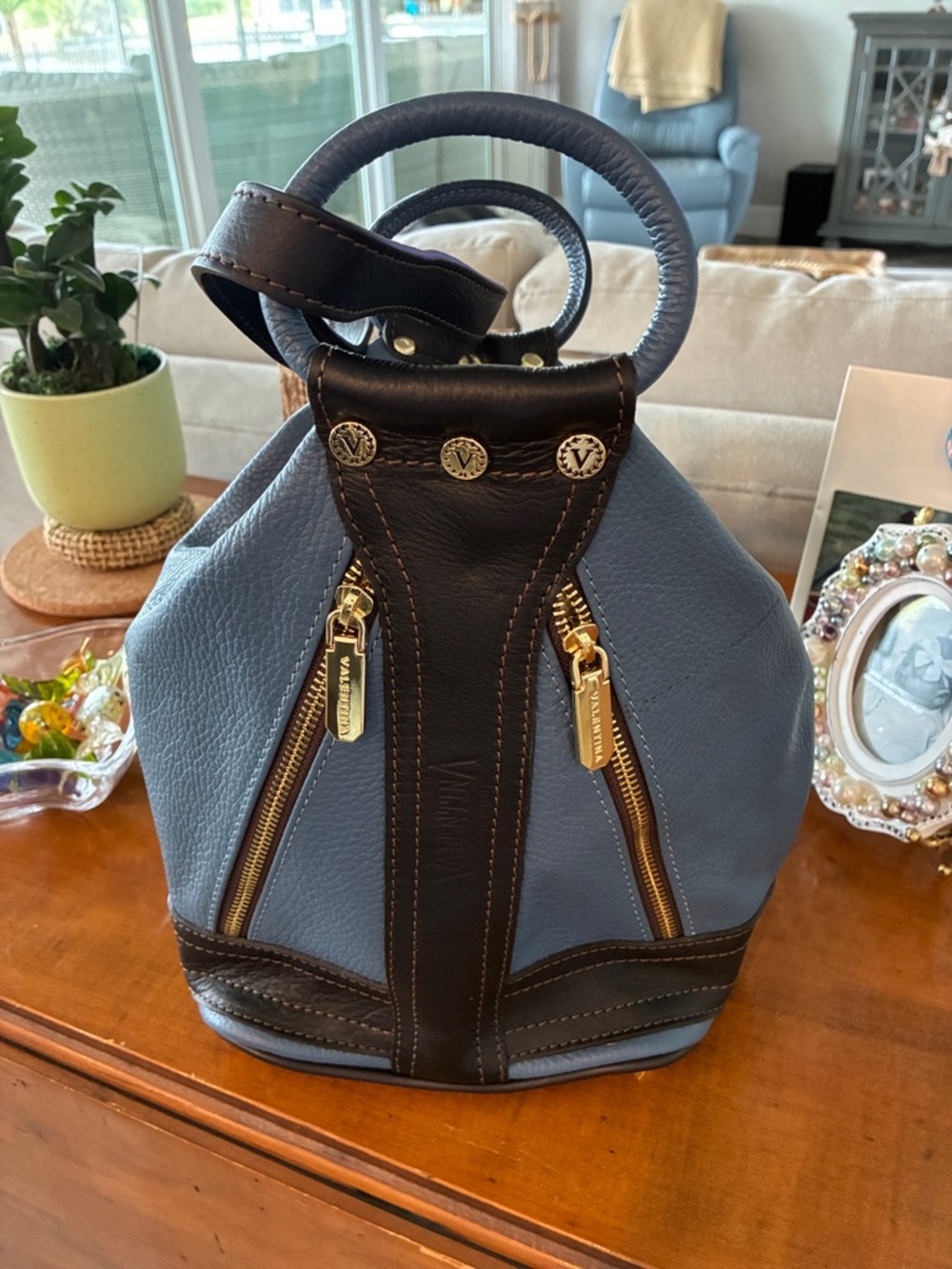 Valentina Blue and Dark Brown Leather Backpack